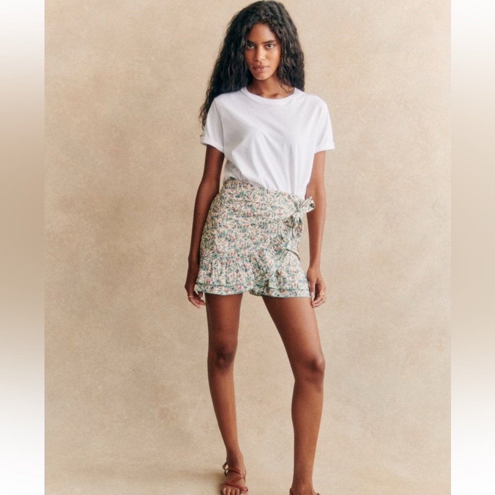 Sezane Floral Wrap Skirt - Green and Cream
